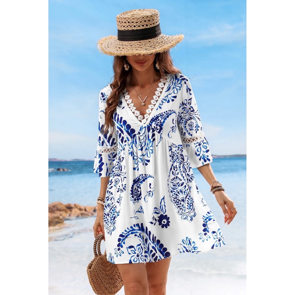 Cupshe Floral Paisley Print Lace Beach Dress Swim Coverup Large NWT